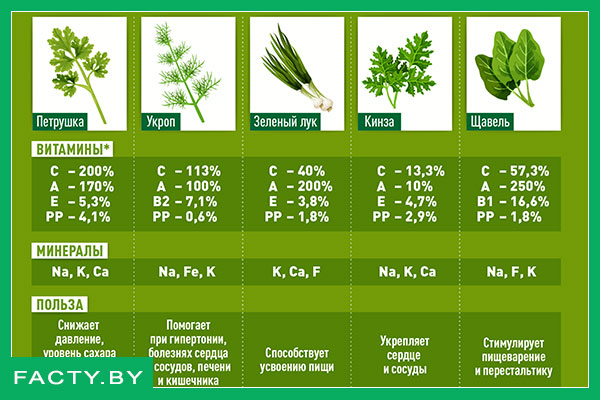 Польза зелени таблица