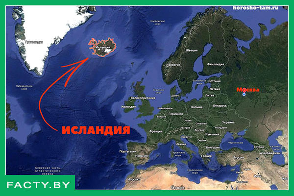 Расположение Исландии на карте