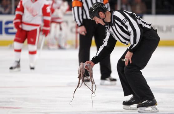 хоккейная команда "Детройт Ред Уингз" с осьминогами на поле